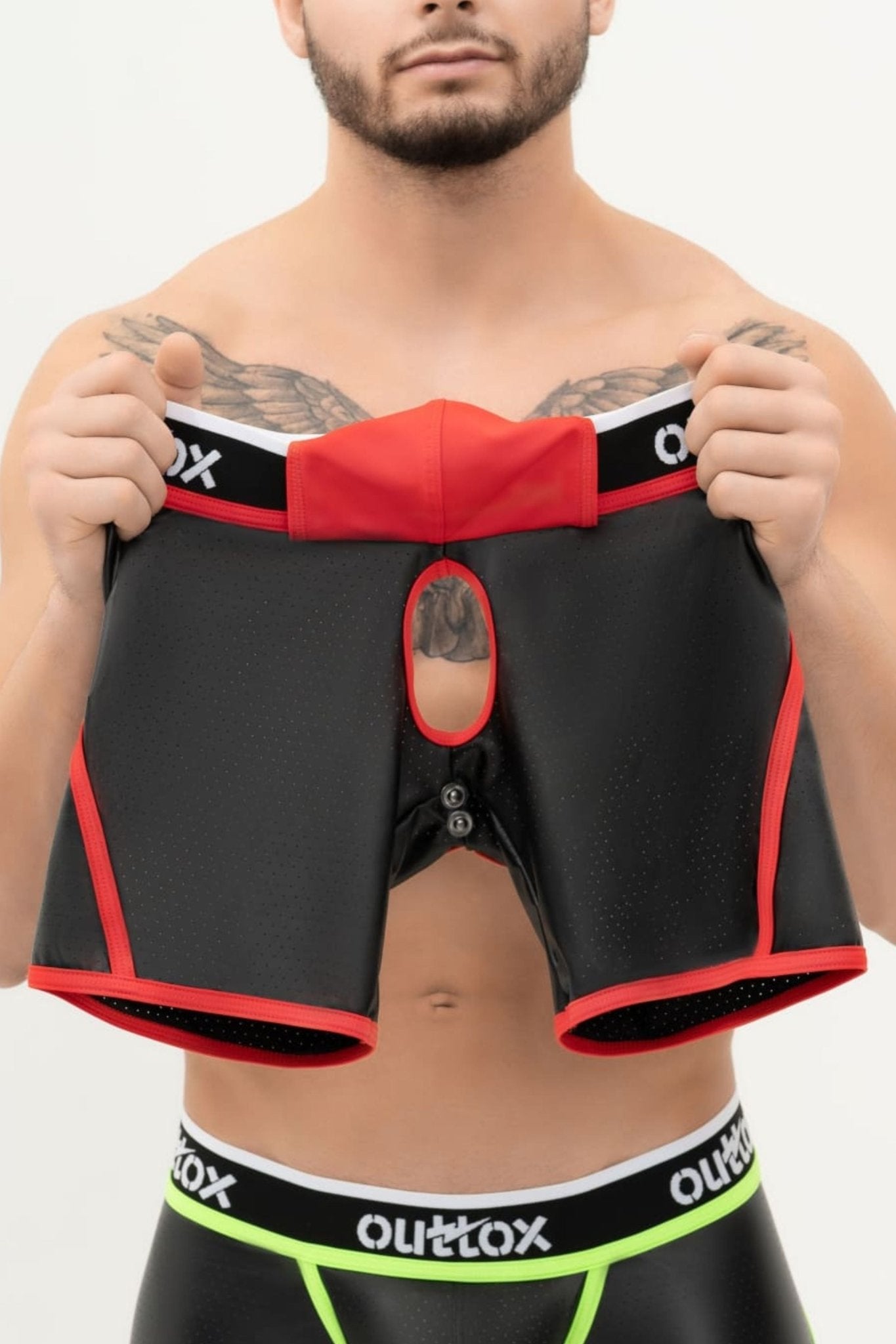 Outtox. Open Rear Shorts with Snap Codpiece. Black+Red - XSH105 - Y2 - www.maskulo.berlin - Local store