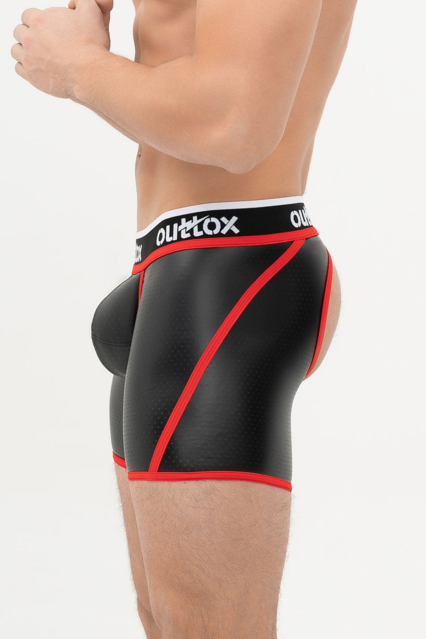 Outtox. Open Rear Shorts with Snap Codpiece. Black+Red - XSH105 - Y2 - www.maskulo.berlin - Local store
