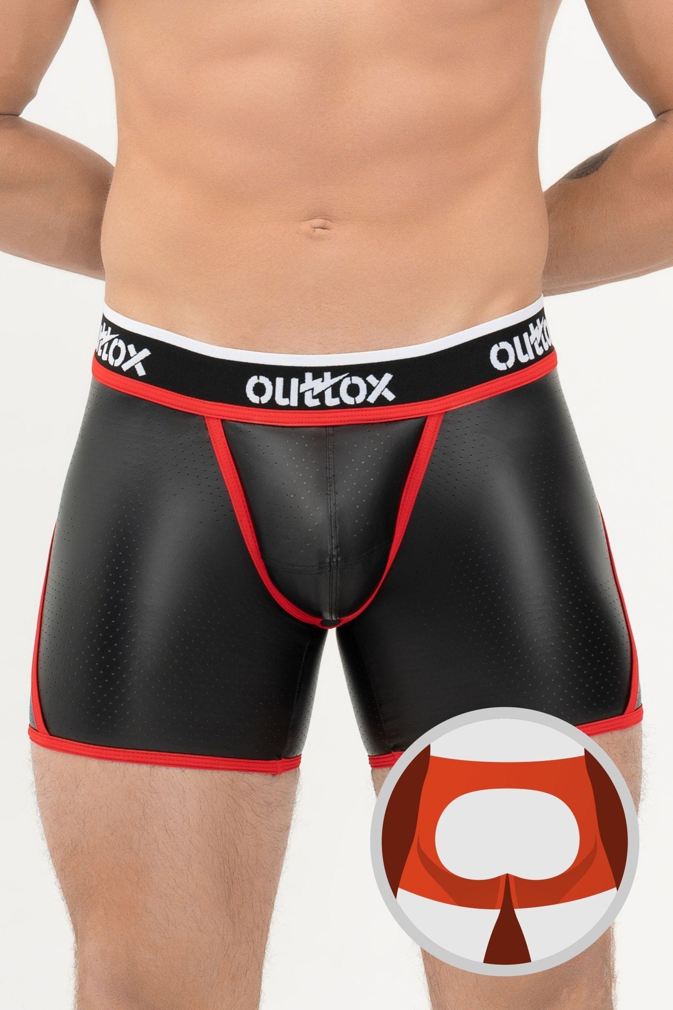Outtox. Open Rear Shorts with Snap Codpiece. Black+Red - XSH105 - Y2 - www.maskulo.berlin - Local store
