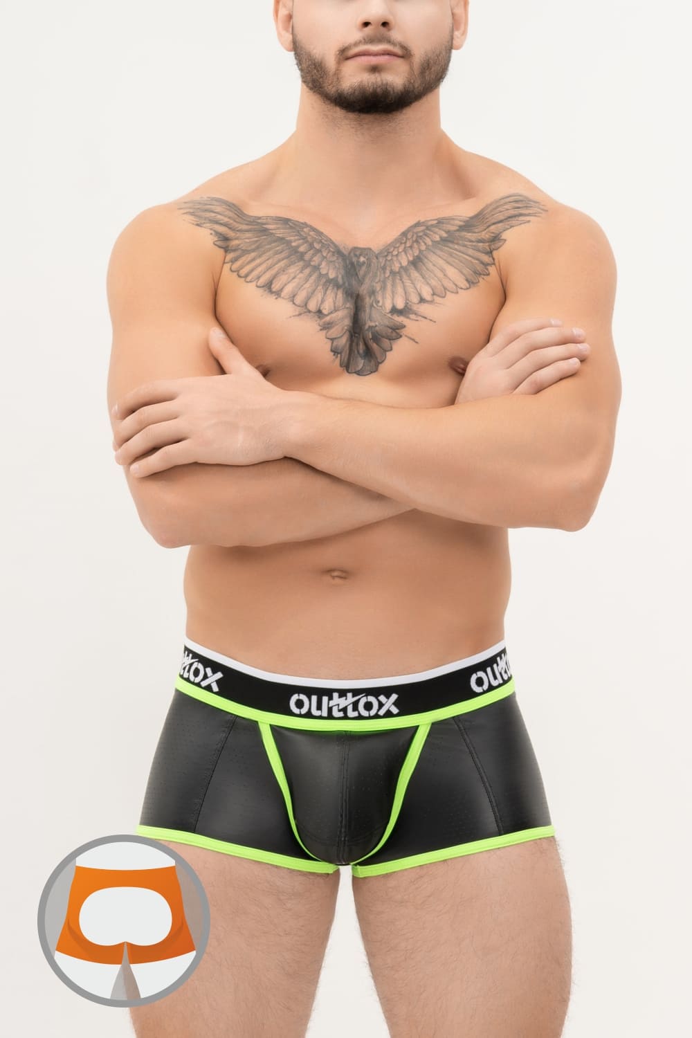 Outtox. Open Rear Trunk Shorts with Snap Codpiece. Black+Green Neon - XTR104 - Y2 - www.maskulo.berlin - Local store