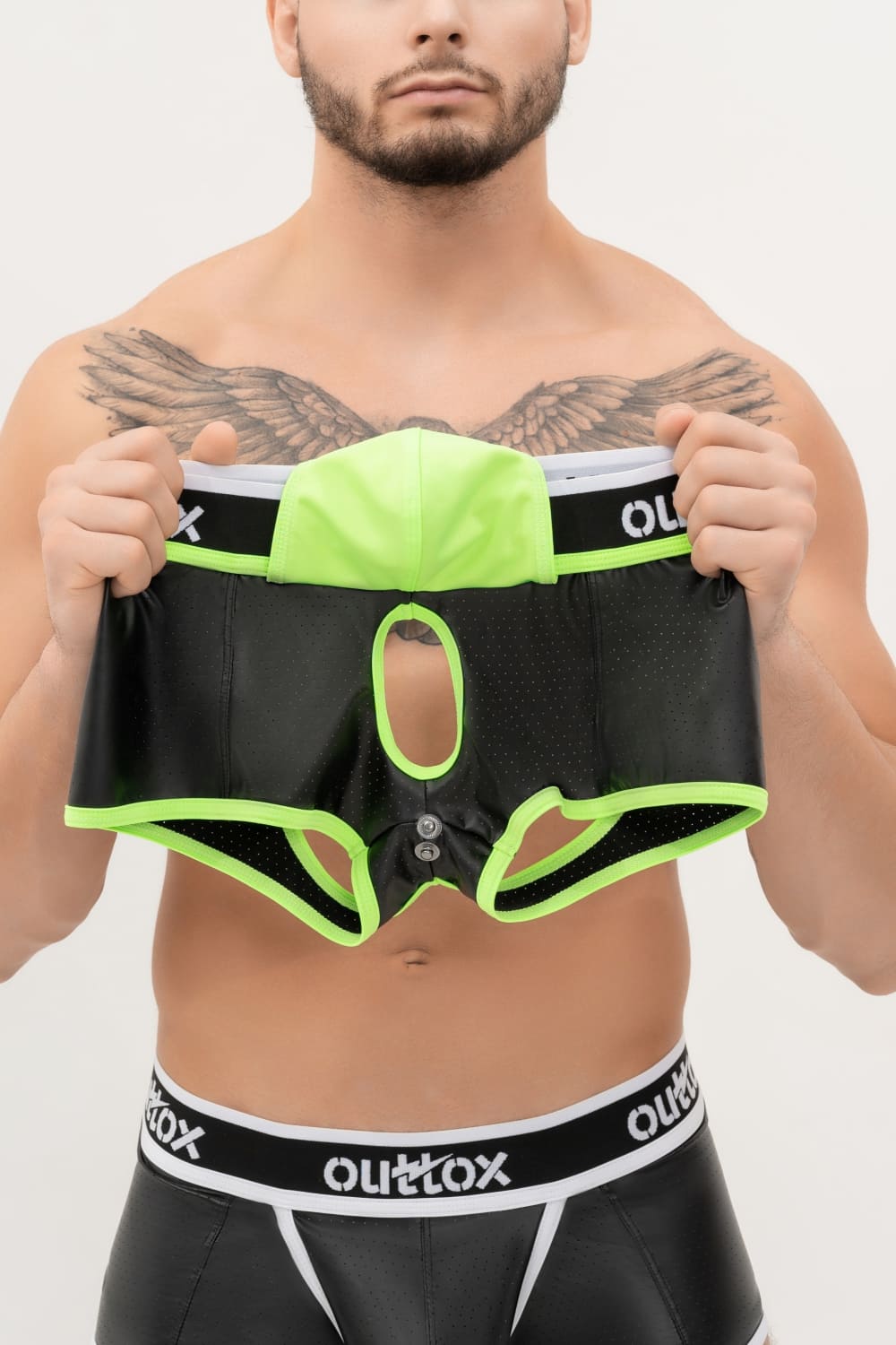 Outtox. Open Rear Trunk Shorts with Snap Codpiece. Black+Green Neon - XTR104 - Y2 - www.maskulo.berlin - Local store