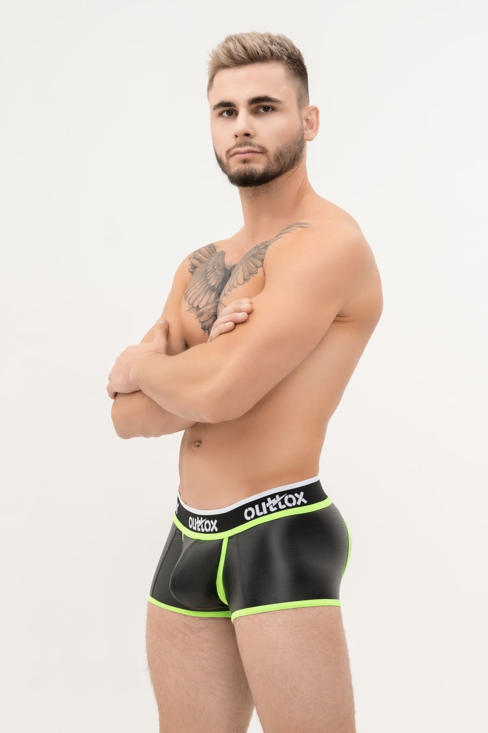 Outtox. Open Rear Trunk Shorts with Snap Codpiece. Black+Green Neon - XTR104 - Y2 - www.maskulo.berlin - Local store