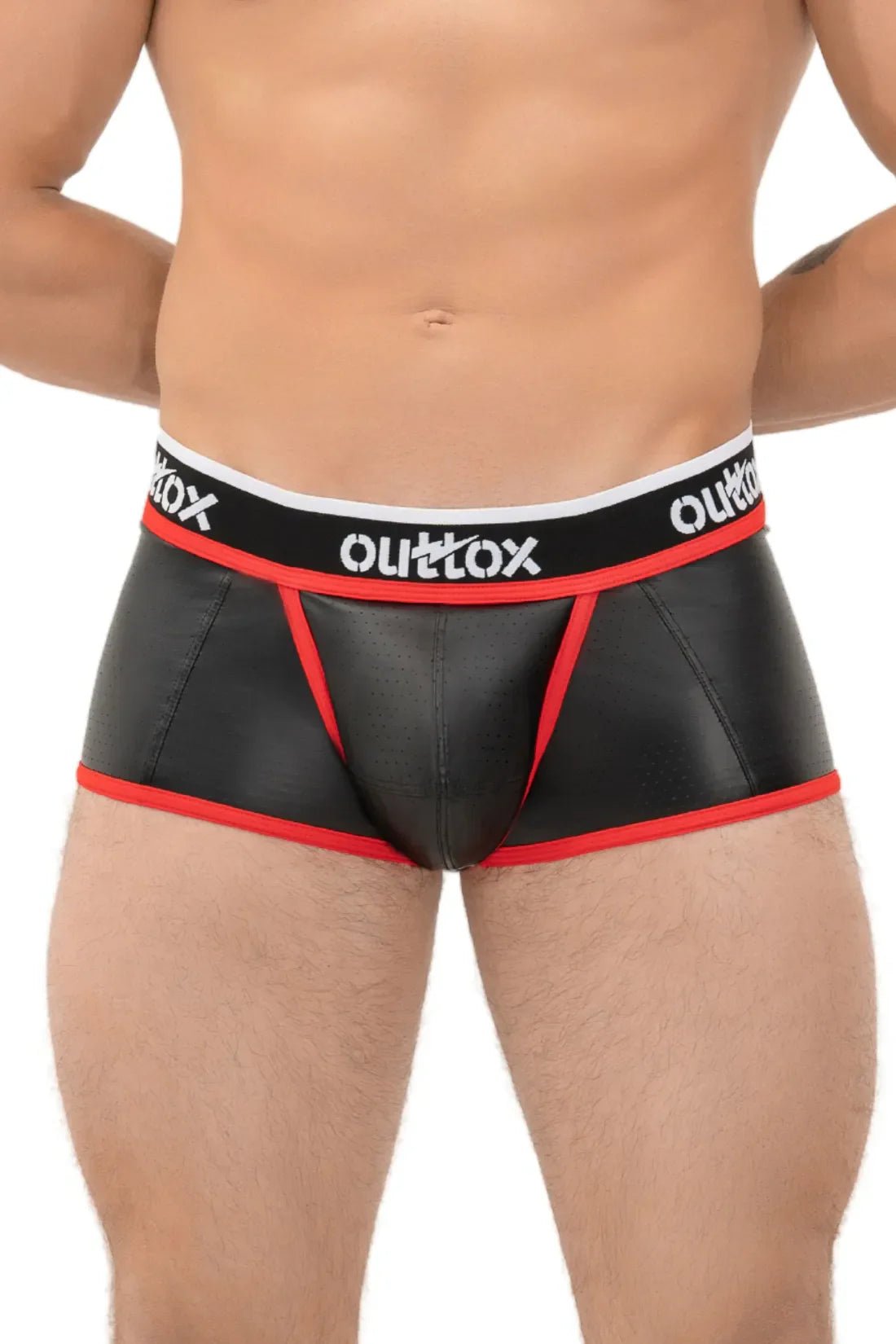 Outtox. Open Rear Trunk Shorts with Snap Codpiece. Black+Red - XTR102 - Y2 - www.maskulo.berlin - Local store