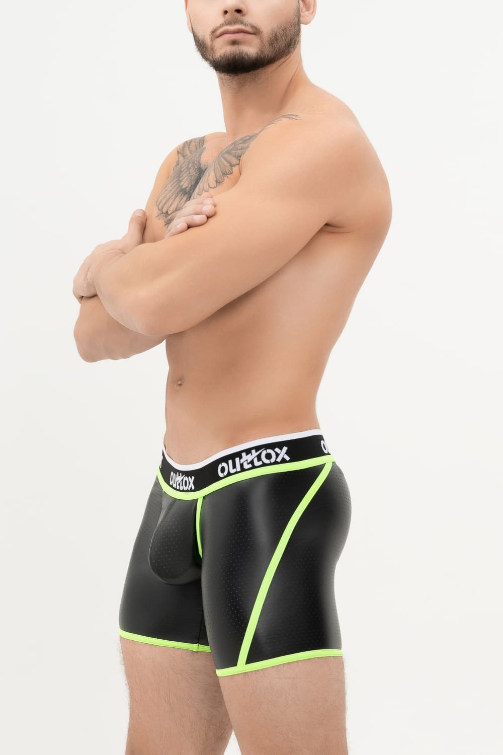 Outtox. Wrap - Rear Short Tights. Snap Codpiece. Black+Green Neon - XSH113 - Y2 - www.maskulo.berlin - Local store