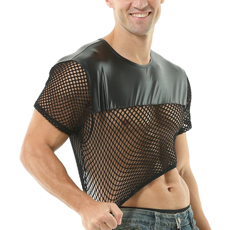 Crop Top. Mesh And PU Leather. Black