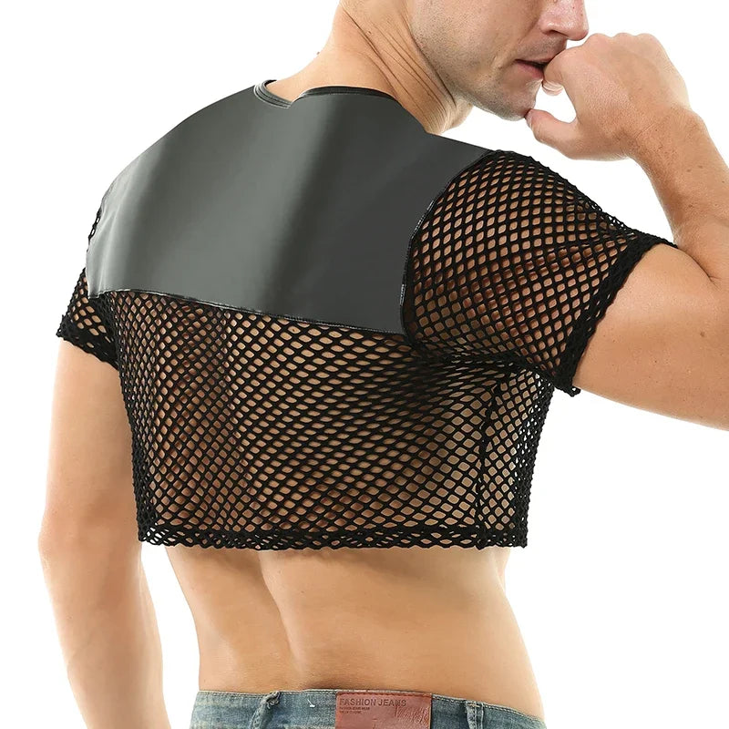 Crop Top. Mesh And PU Leather. Black