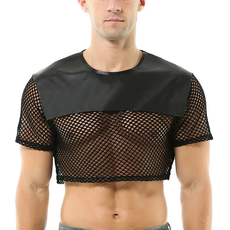 Crop Top. Mesh And PU Leather. Black
