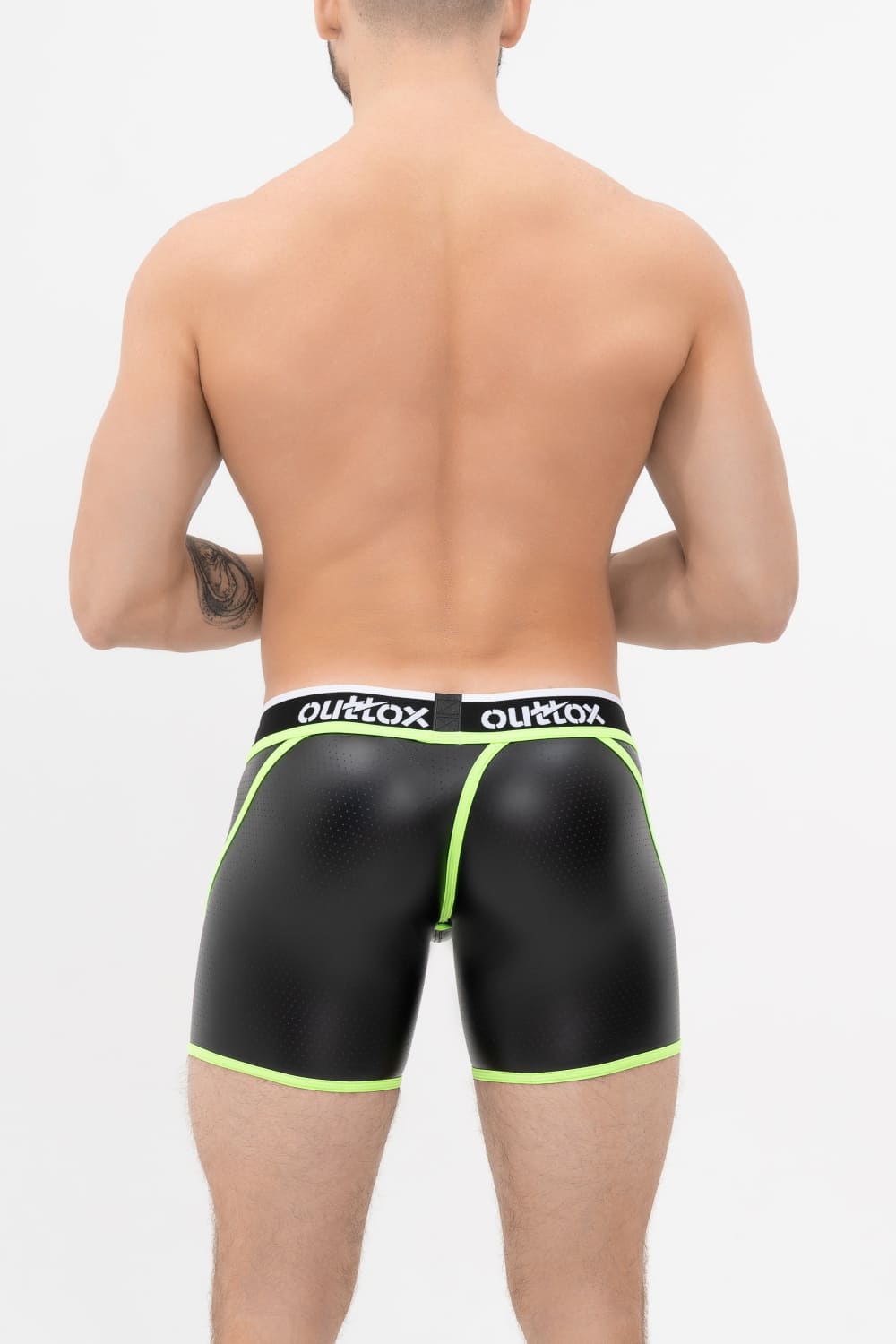Wrap-Rear Short Tights. Snap Codpiece. Black+Green Neon - XSH113-Y1 - www.maskulo.berlin - Local store