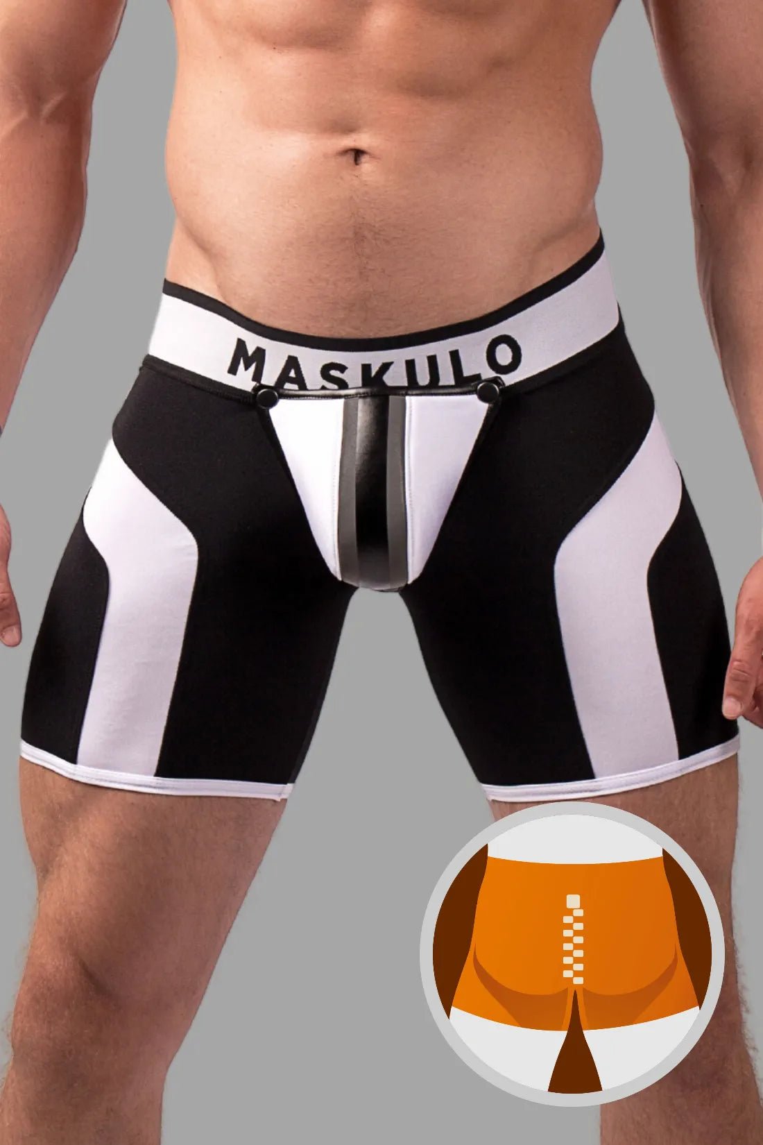 Youngero. Men's Fetish Cycling Shorts. Codpiece. Zipped Rear. Black+White Neon - MSH117 - Y1 - www.maskulo.berlin - Local store