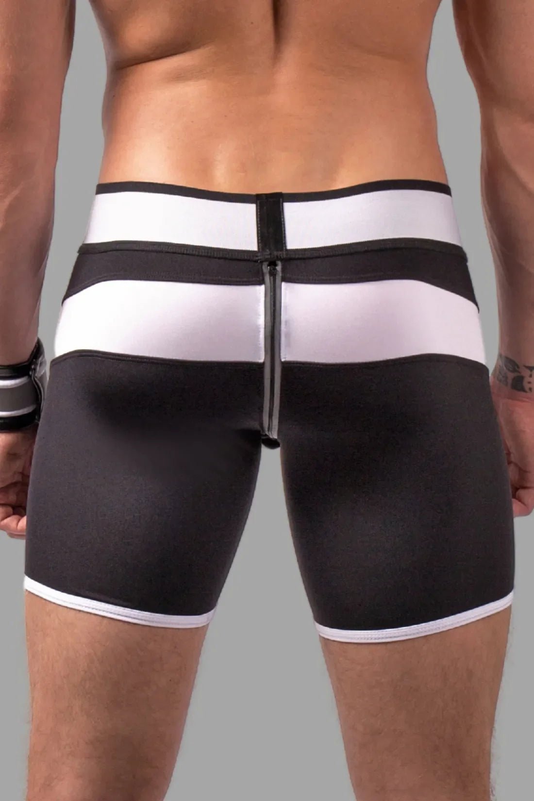 Youngero. Men's Fetish Cycling Shorts. Codpiece. Zipped Rear. Black+White Neon - MSH117 - Y1 - www.maskulo.berlin - Local store