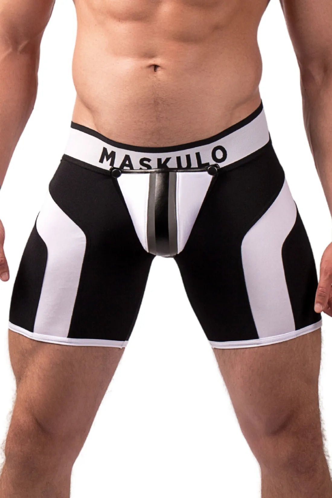 Youngero. Men's Fetish Cycling Shorts. Codpiece. Zipped Rear. Black+White Neon - MSH117 - Y1 - www.maskulo.berlin - Local store