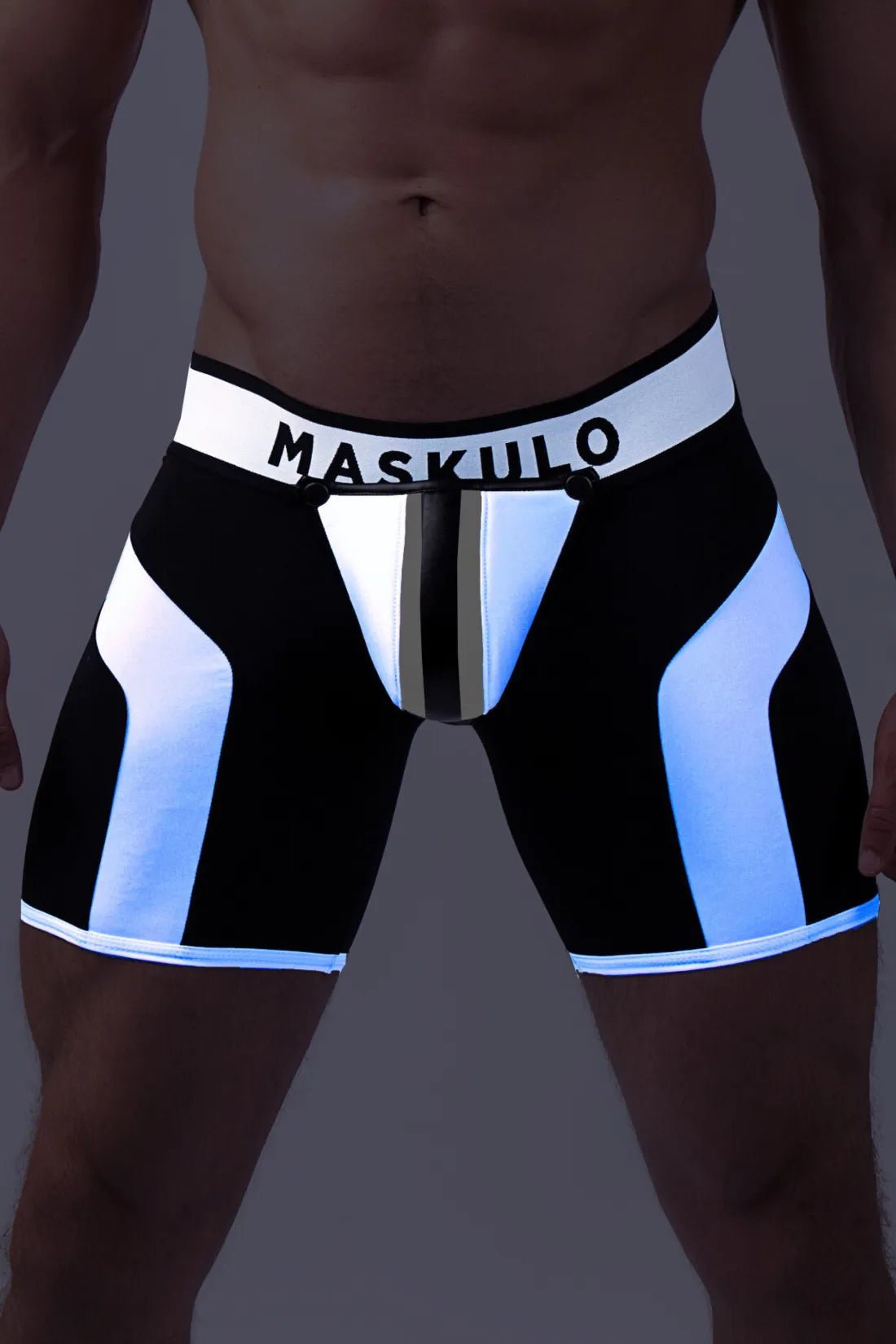 Youngero. Men's Fetish Cycling Shorts. Codpiece. Zipped Rear. Black+White Neon - MSH117 - Y1 - www.maskulo.berlin - Local store