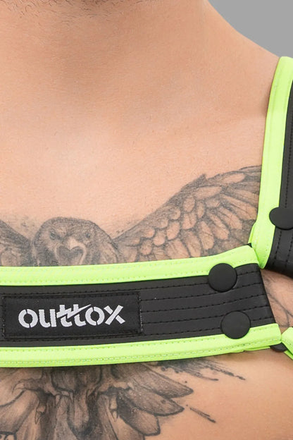 Outtox. Bulldog Harness with Snaps. Black+Green 'Neon'