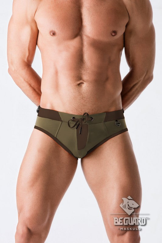 Maskulo zip front imitation swimming briefs. Green 'Khaki'+Dark Coffee