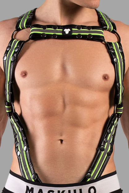 Youngero. Men's Fetish Body Harness. Black+Green 'Neon'