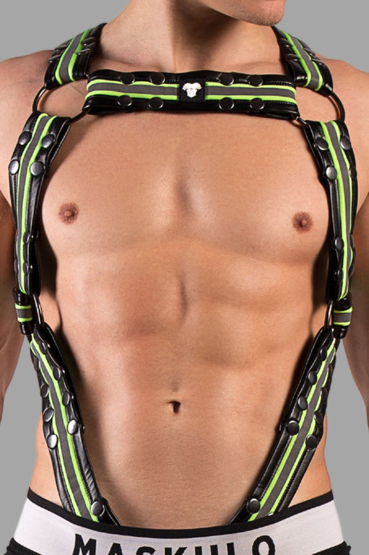 Youngero. Men's Fetish Body Harness. Black+Green 'Neon'