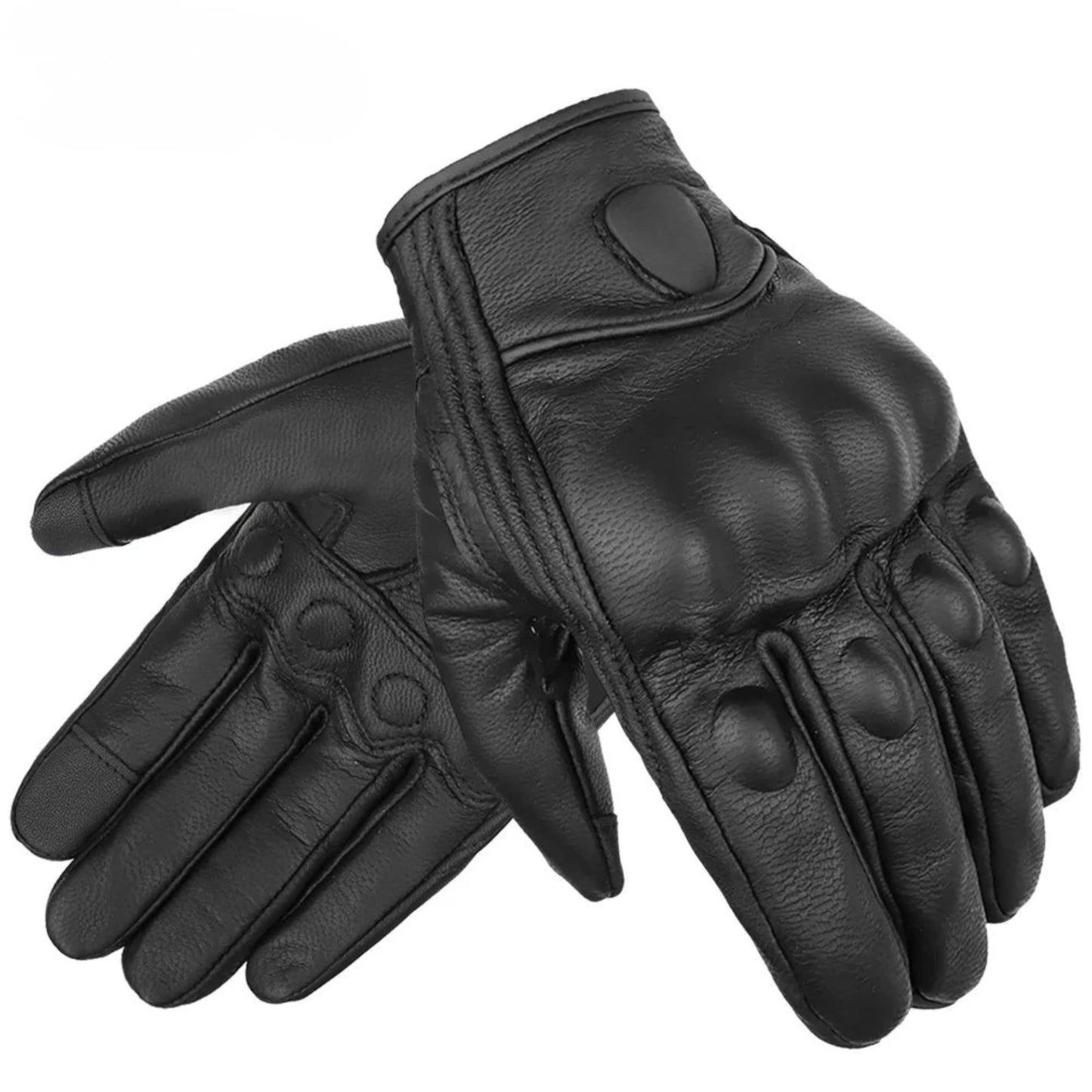 Real Leather Molded Knuckles Biker Gloves. Black Solid