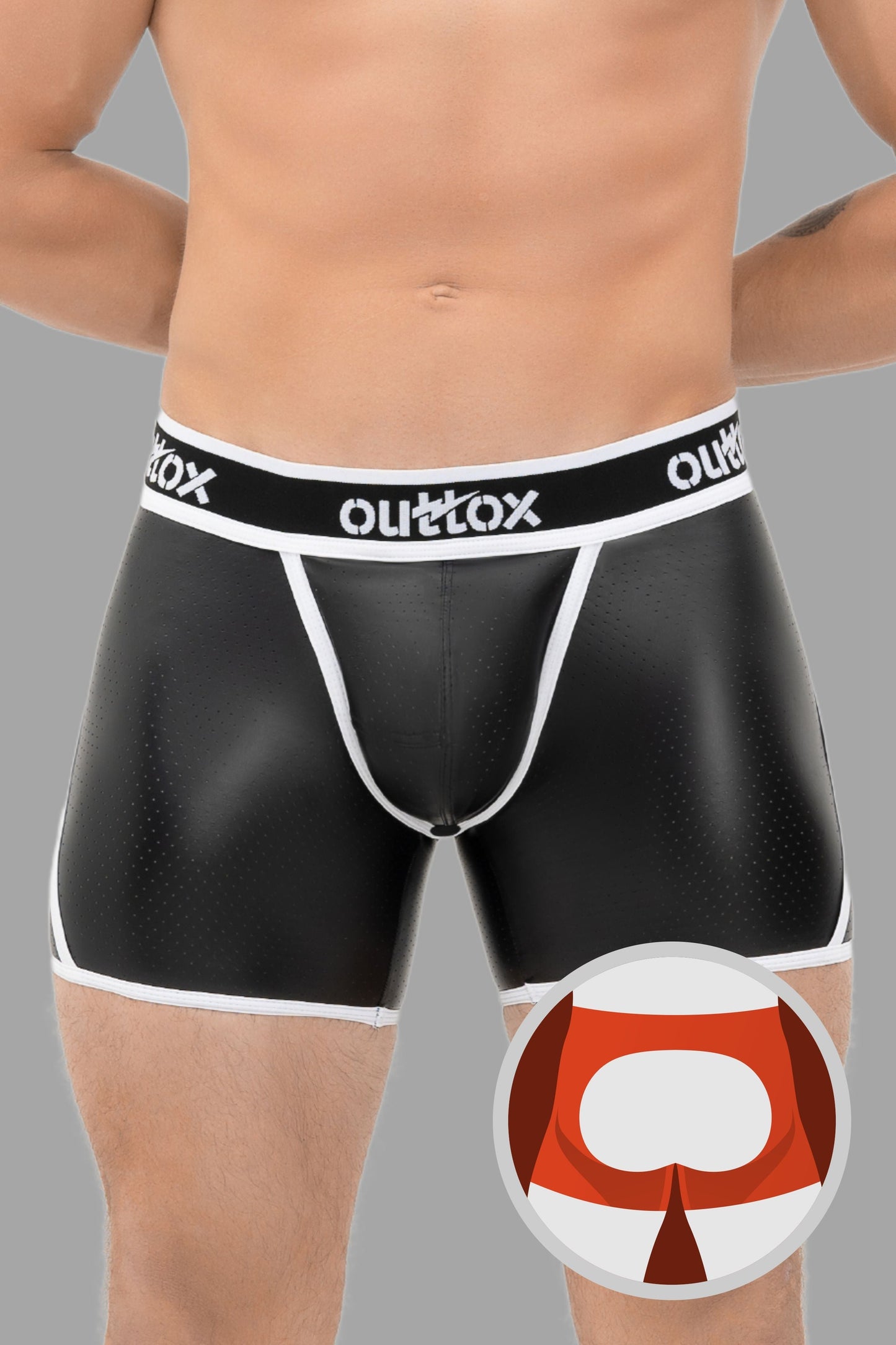 Outtox. Offene hintere Shorts mit Snap Codpiece. Schwarz+Weiß
