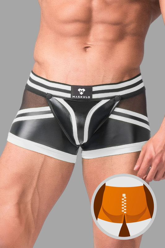 Youngero Generation Y. Herren-Trunk-Shorts. Codpiece. Hinten mit Reißverschluss. Schwarz+Weiß 'Neon' 