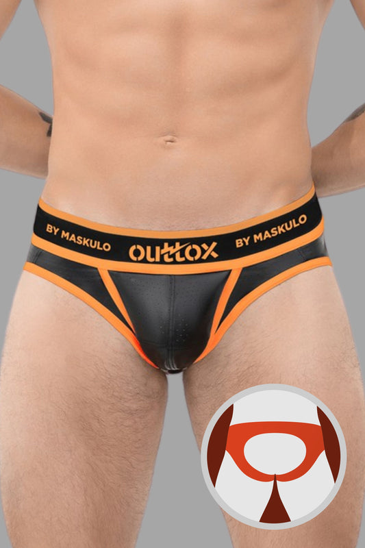 Outtox. Offener hinterer Slip mit Snap-Codpiece. Orange 'Neon'