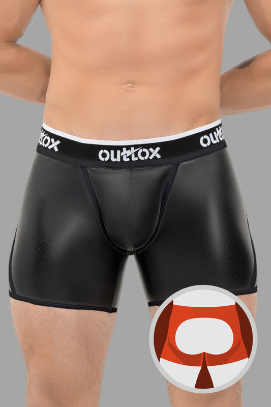 Outtox. Offene hintere Shorts mit Snap Codpiece. Schwarz
