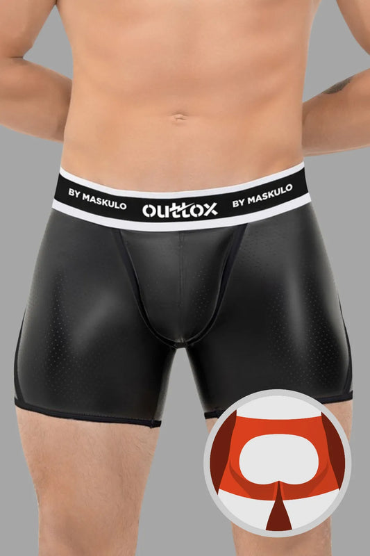 Outtox. Offene hintere Shorts mit Snap Codpiece. Schwarz