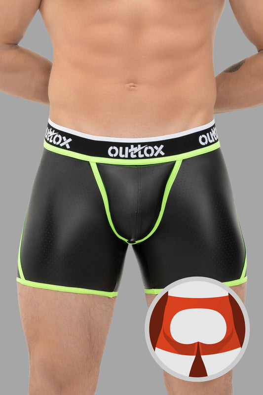 Outtox. Offene hintere Shorts mit Snap Codpiece. Schwarz+Grün 'Neon'