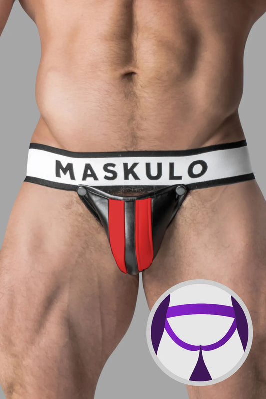 Armored. Men's Fetish Jock. Detachable Codpiece. Black+Red