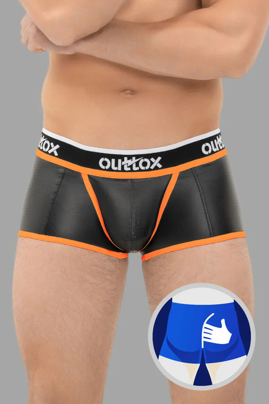 Outtox. Wrapped Rear Trunk Shorts with Snap Codpiece. Black+Orange