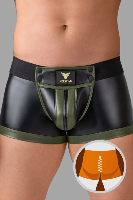 Erzwingen. Taillenhohe Codpiece-Trunk-Shorts. Hinten mit Reißverschluss. Schwarz