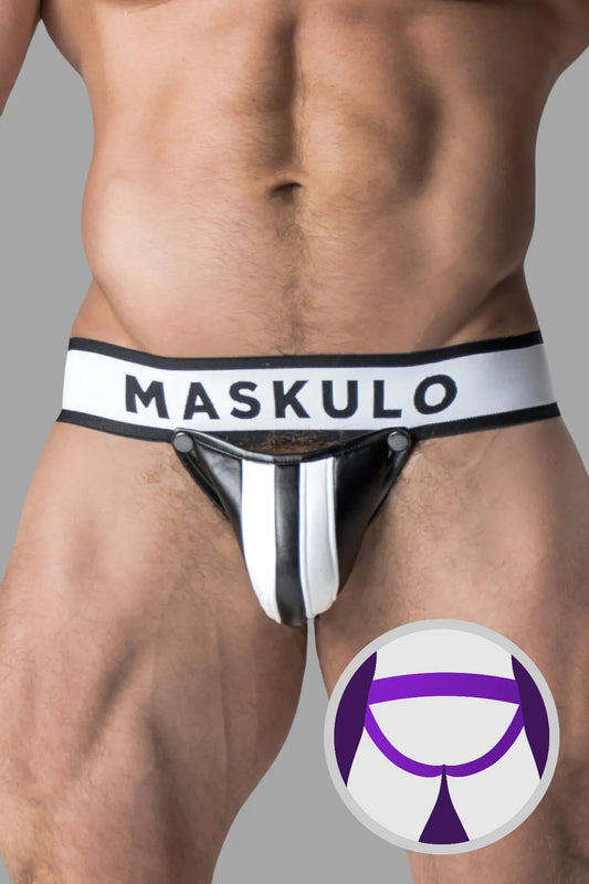 Armored. Men's Fetish Jock. Detachable Codpiece. White+Black