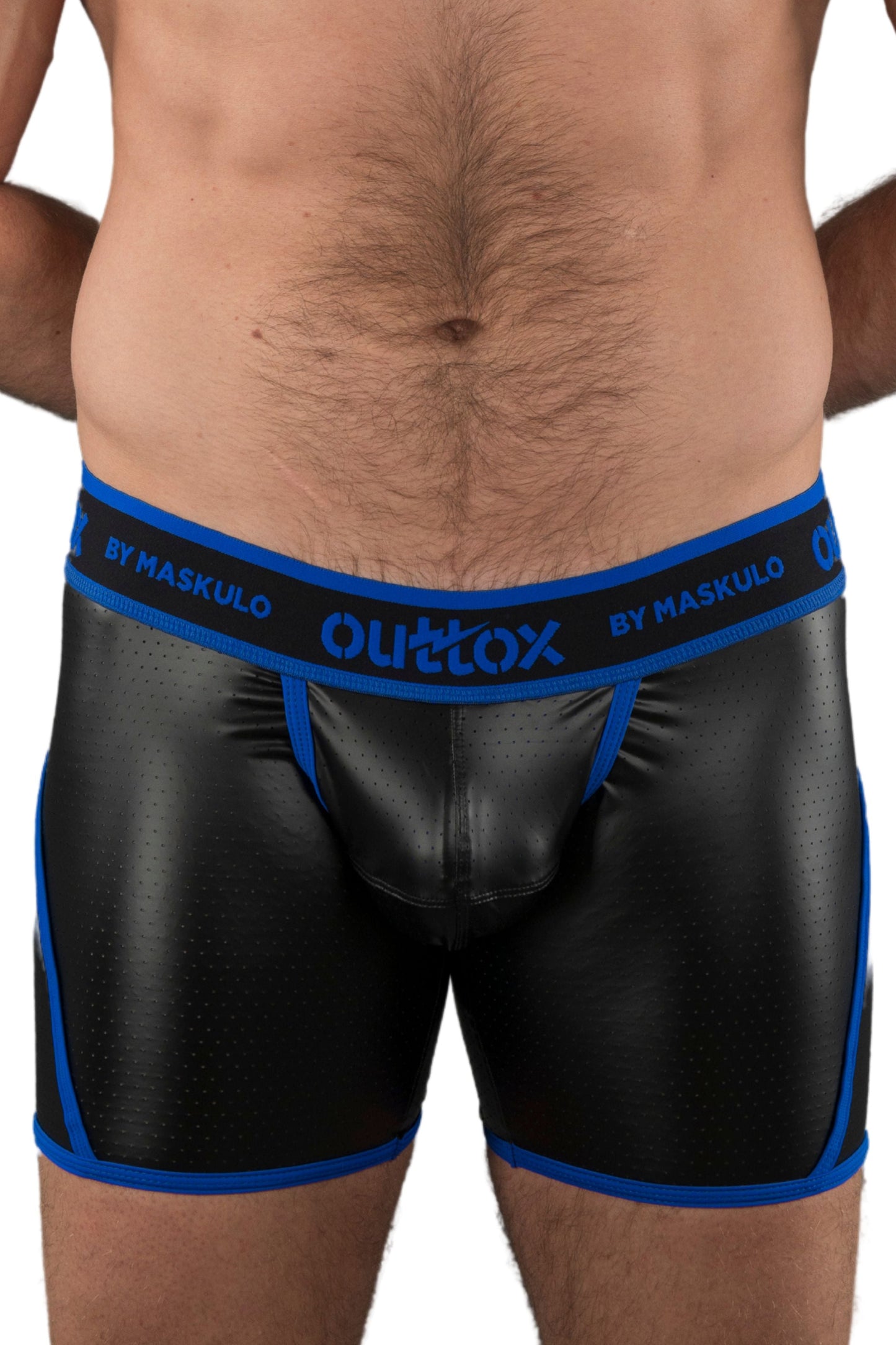 Outtox. Offene hintere Shorts mit Snap Codpiece. Blau