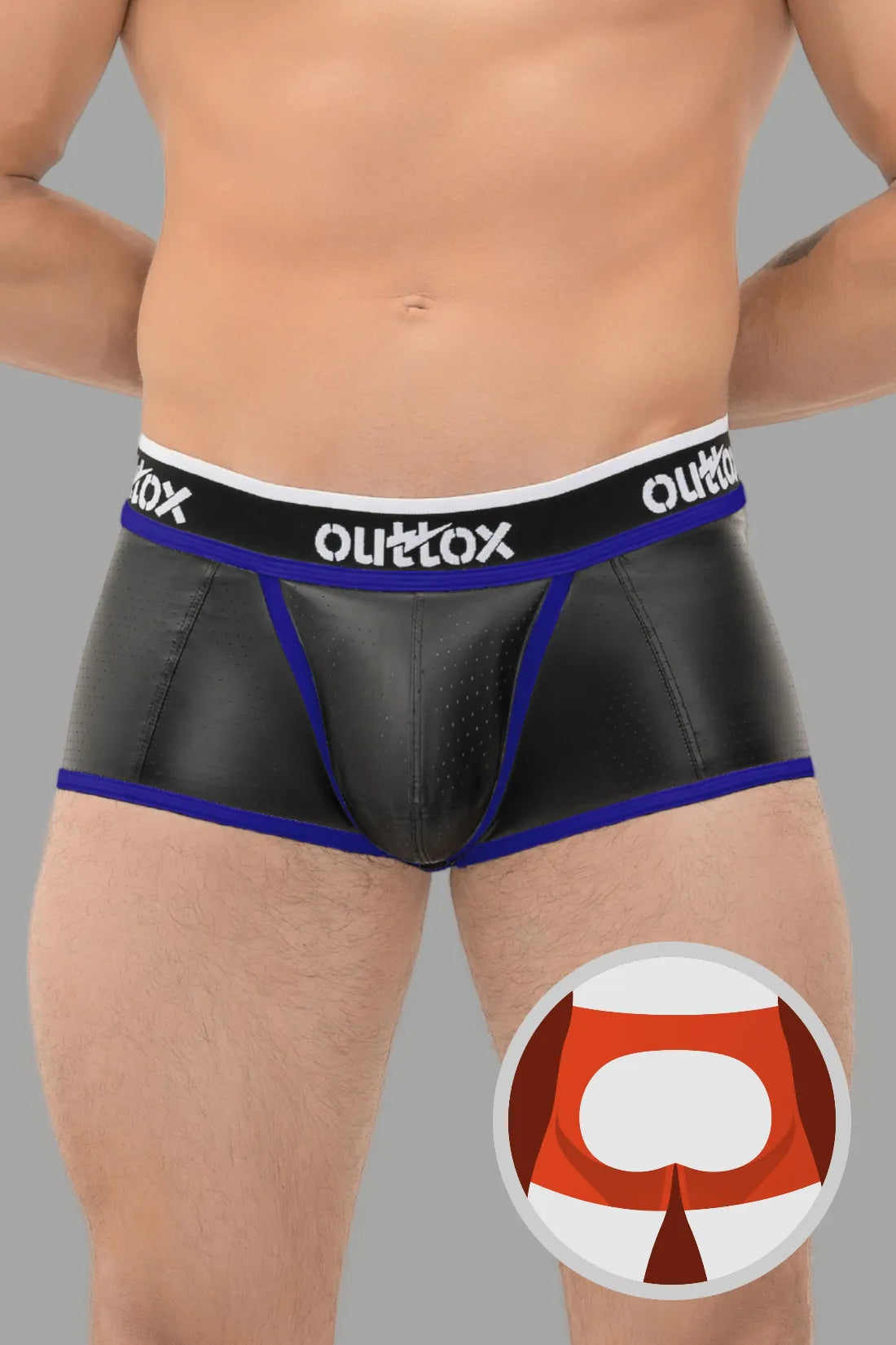 Outtox. Open Rear Trunk Shorts with Snap Codpiece. Black+Blue 'Royal'