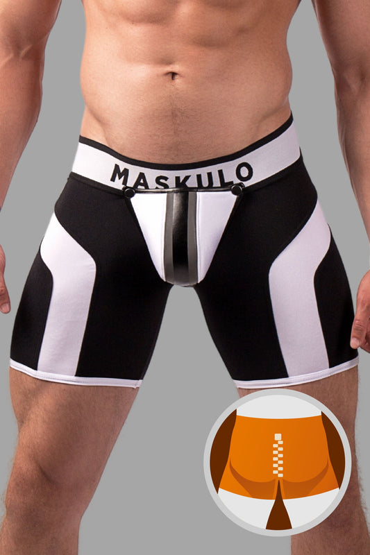 Youngero. Men's Fetish Cycling Shorts. Codpiece. Zipped Rear. Black+White 'Neon'