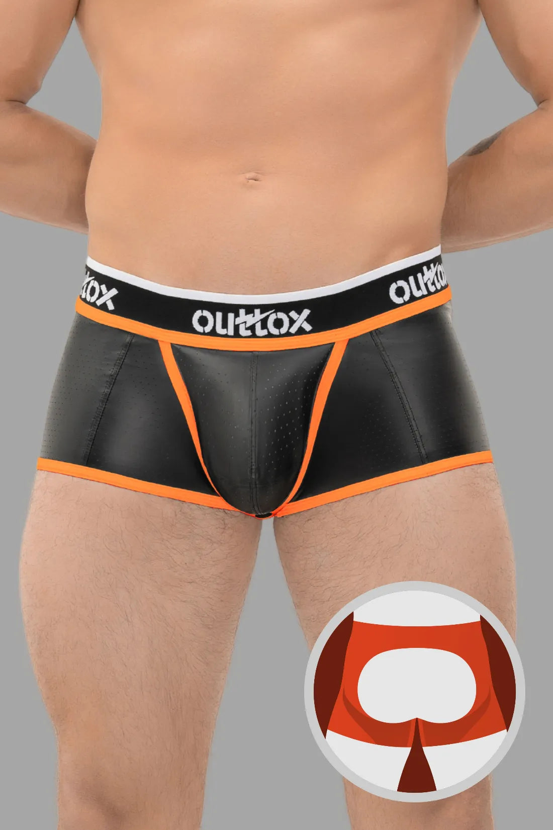 Outtox. Open Rear Trunk Shorts with Snap Codpiece. Black+Orange