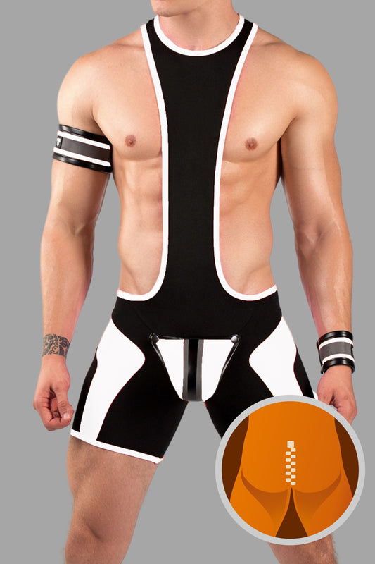 Youngero. Men's Wrestling Singlet. Codpiece. Zippered rear. Black+White 'Neon'