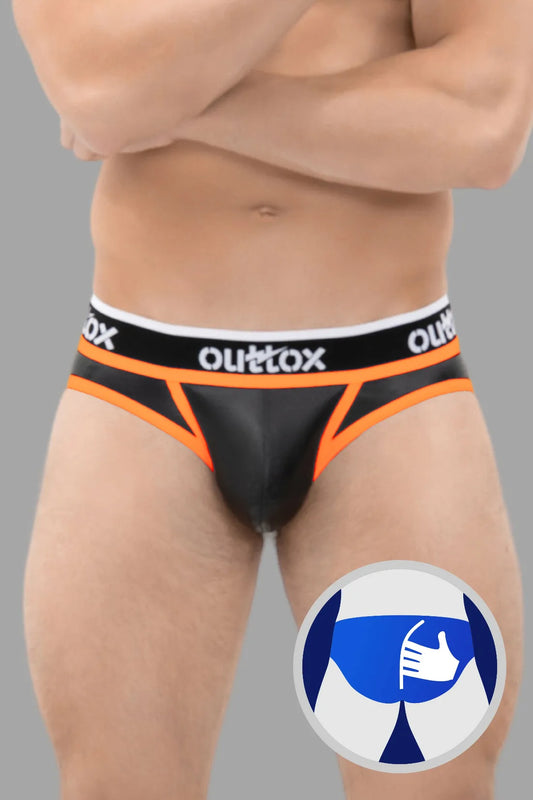 Outtox. Wrapped Rear Briefs with Snap Codpiece. Black+Orange