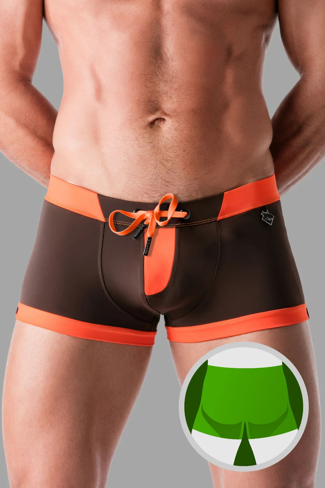 Badeshorts mit Reißverschluss-Imitat auf der Vorderseite. Braun+Orange