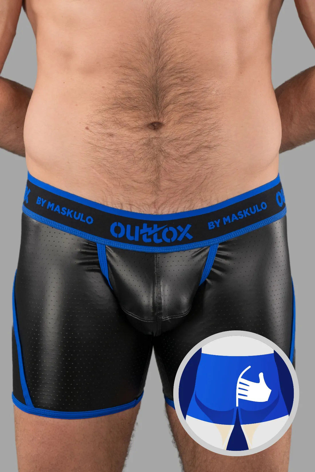 Outtox. Gewickelte Shorts hinten mit Snap-Codpiece. Blau