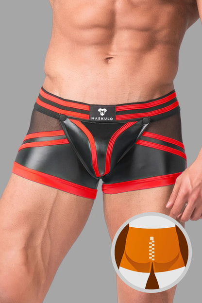 Youngero Generation Y. Herren-Trunk-Shorts. Codpiece. Hinten mit Reißverschluss. Schwarz+Rot 