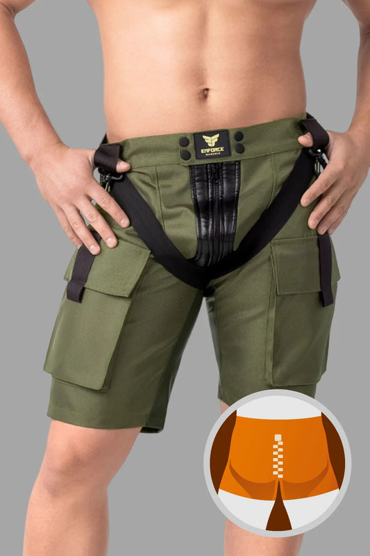 Erzwingen. Cargo-Shorts mit beidseitigem Reißverschluss. Grün „Khaki“