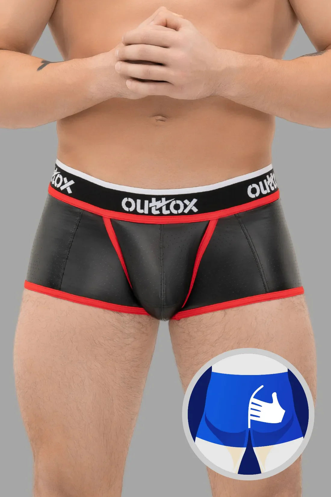 Outtox. Umwickelte Heckshorts mit Snap-Codpiece. Schwarz+Rot