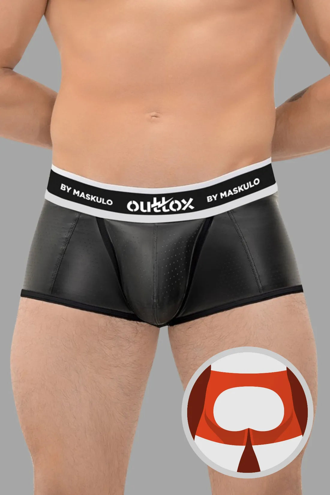 Outtox. Offene hintere Kofferraumshorts mit Snap Codpiece. Schwarz