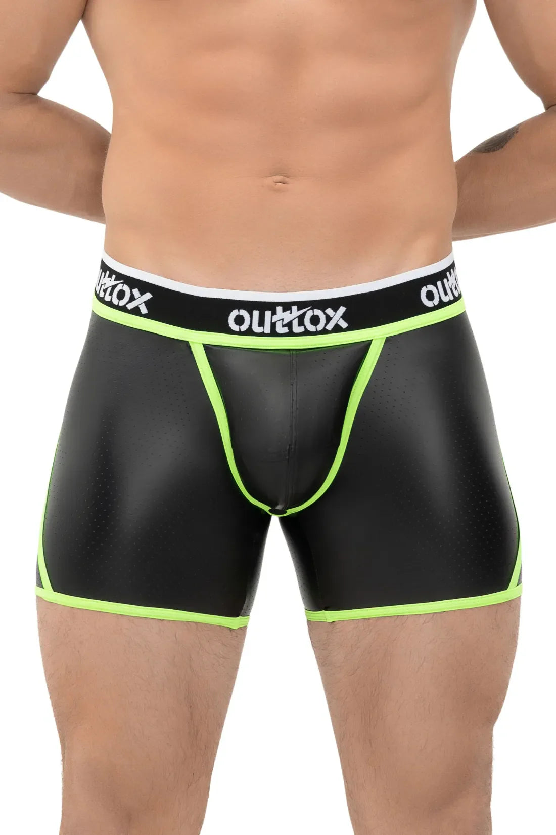 Outtox. Offene hintere Shorts mit Snap Codpiece. Schwarz+Grün 'Neon'