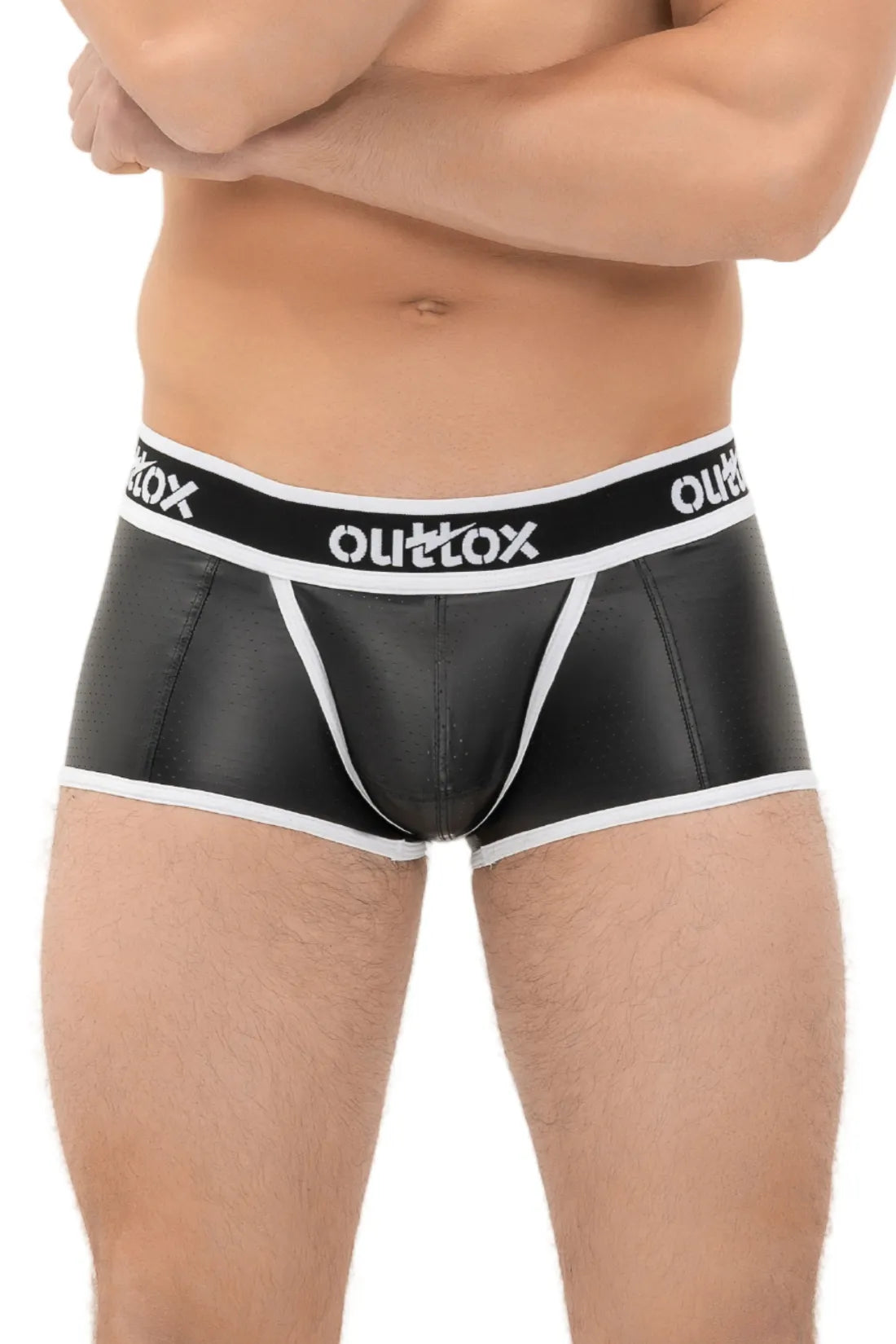 Outtox. Wrapped Rear Trunk Shorts with Snap Codpiece. Black+White