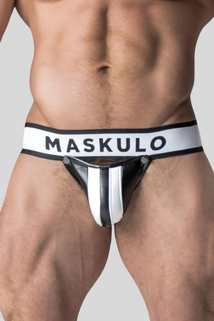 Armored. Men's Fetish Jock. Detachable Codpiece. White+Black