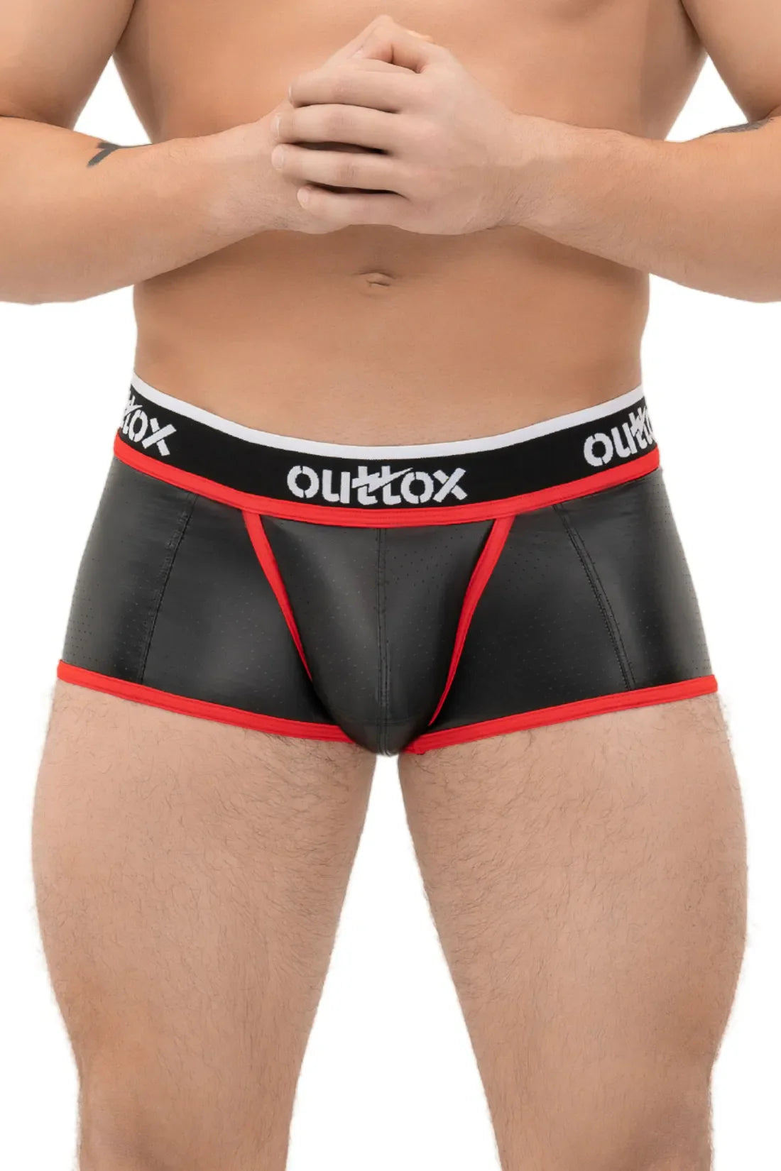 Outtox. Wrapped Rear Trunk Shorts with Snap Codpiece. Black+Red