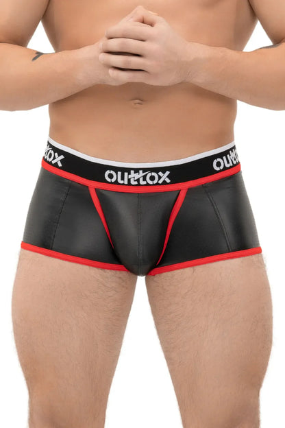 Outtox. Wrapped Rear Trunk Shorts with Snap Codpiece. Black+Red