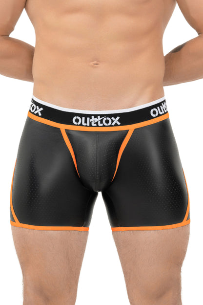 Outtox. Kurze Tights mit umwickelter Rückseite. Snap Codpiece. Schwarz+Orange