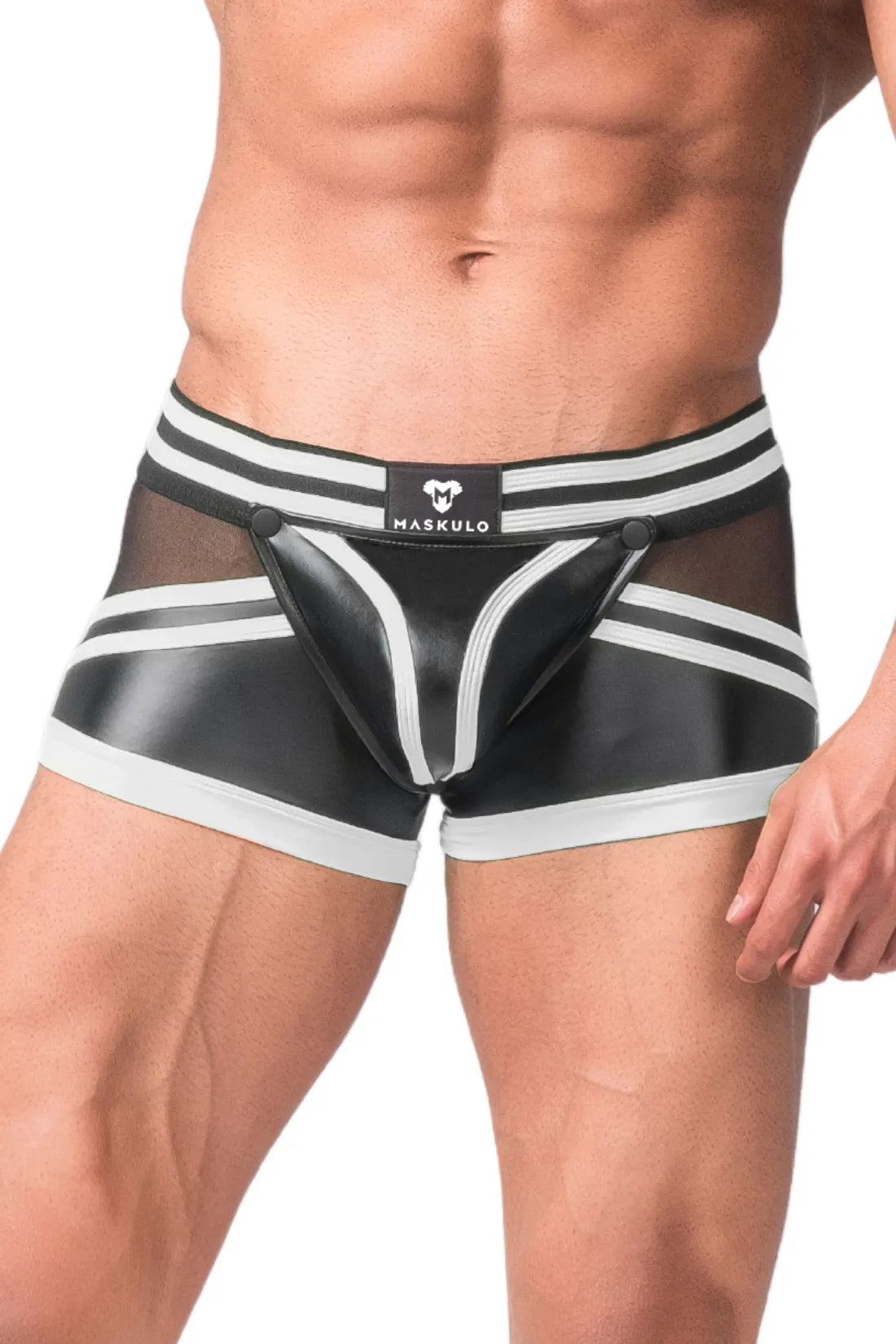 Youngero Generation Y. Men's Trunk Shorts. Codpiece. Zippered Rear. Black+White 'Neon'